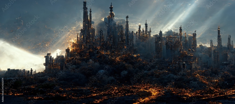 sunset over the ruined city. fantasy. concept art.
