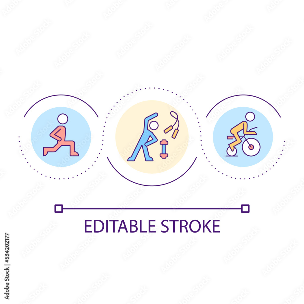 Routine workout loop concept icon. Sports exercises for wellbeing. Everyday physical activity abstract idea thin line illustration. Isolated outline drawing. Editable stroke. Arial font used Routine workout loop concept icon. Sports exercises for wellbeing. Everyday physical activity abstract idea thin line illustration. Isolated outline drawing. Editable stroke. Arial font used