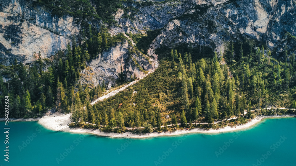 The Braies Lake in Summer in north Italy aerial shoot