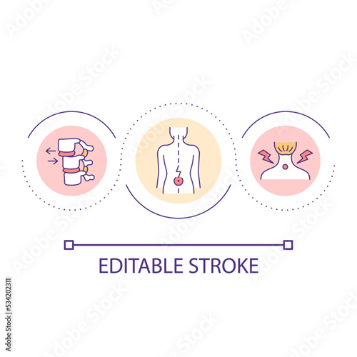 Back pain problem loop concept icon. Spine injury effects. Chronic spinal ache treatment abstract idea thin line illustration. Isolated outline drawing. Editable stroke. Arial font used