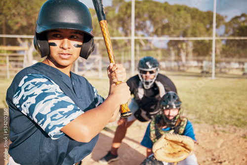 Canvas Print Teen baseball sports athlete, holding bat is a portrait of focus and motivation