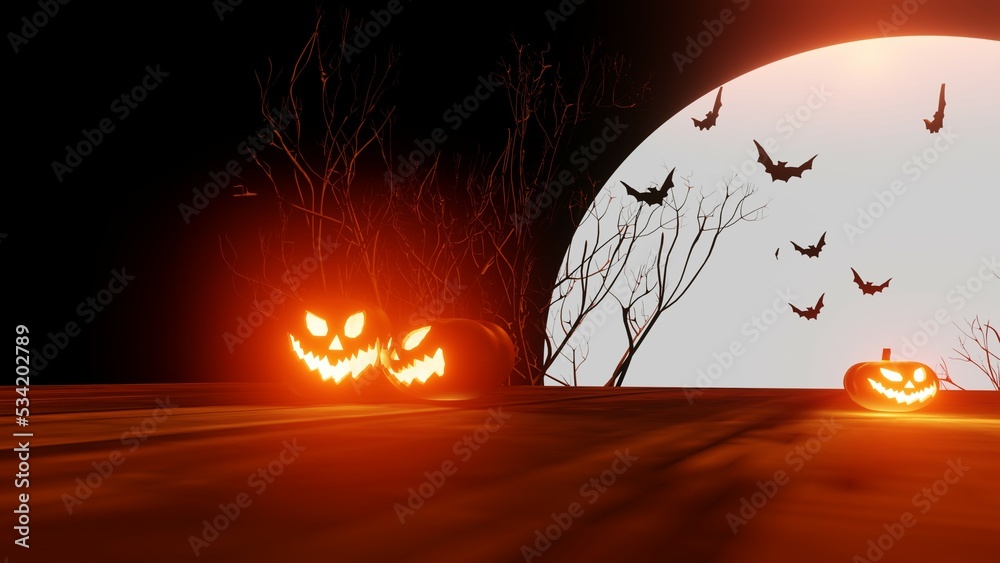 Halloween pumpkin smile and scary eyes for party night. Close up view of scary Halloween pumpkin with eyes glowing inside at black background. And the words Happy Halloween Trick or Treat ,3d render