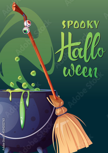 Vector poster with witches cauldron with potion and broom. Postcard for the holiday. Happy Halloween, holiday symbol. Poster, postcard, invitation, banner a4 size.