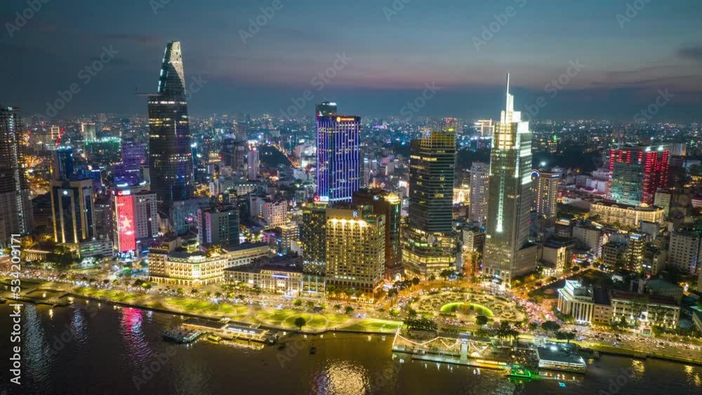 Aerial Hyper lapse District 1, Ho Chi MInh City, Vietnam in sunset 2022 Aerial Hyper lapse District 1, Ho Chi MInh City, Vietnam in sunset 2022