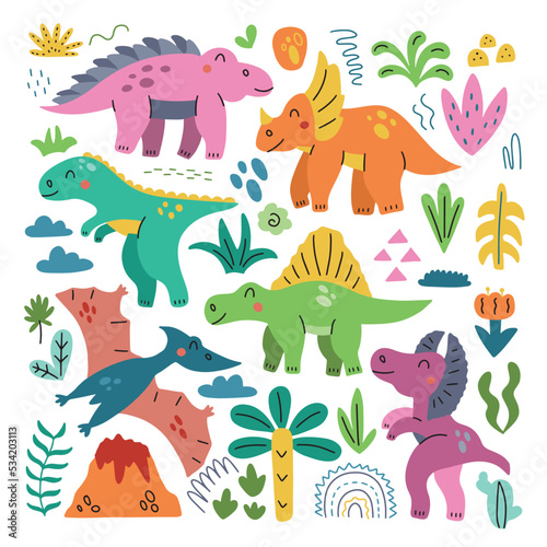 Set of dinosaurs in bright colors. Vector isolated on white background  perfect for nursery decoration  holiday decor  posters and textiles.