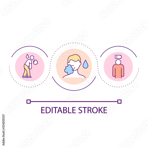 Heavy breath and weakness loop concept icon. Symptoms of pneumonia. Respiratory disease problem abstract idea thin line illustration. Isolated outline drawing. Editable stroke. Arial font used