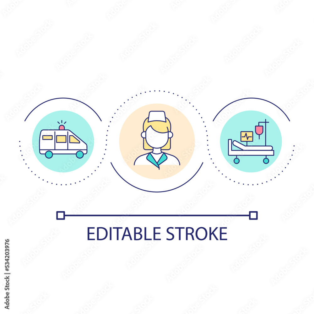 Emergency medical services loop concept icon. Healthcare at accidents. Patient care abstract idea thin line illustration. Isolated outline drawing. Editable stroke. Arial font used