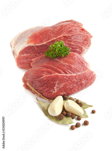 Raw meat with spice garlic and bay leaf photo