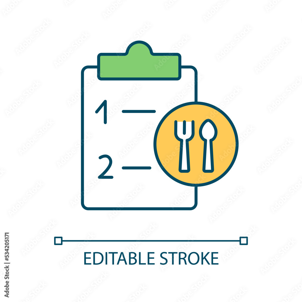 Menu planning in restaurant RGB color icon. Meeting nutritional needs. Organize healthy food preparation. Isolated vector illustration. Simple filled line drawing. Editable stroke. Arial font used