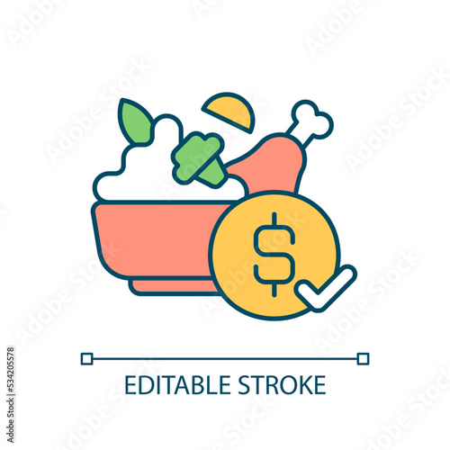 Affordable restaurant dish RGB color icon. Dine out on budget. Pricing strategy. Eating out cheap and tasty. Isolated vector illustration. Simple filled line drawing. Editable stroke. Arial font used