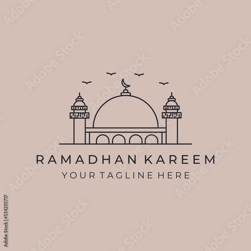 mosque line art logo design illustration, islamic symbol with flying bird