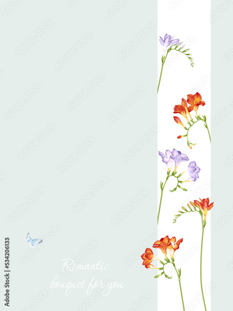 Obraz premium Greeting card with freesia flowers, can be used as invitation card for wedding, birthday and other holiday and summer background