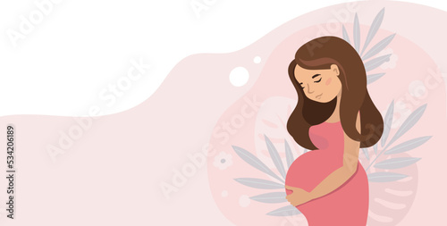 pregnant cute woman holding her belly . Pregnancy vector illustration in cartoon style.