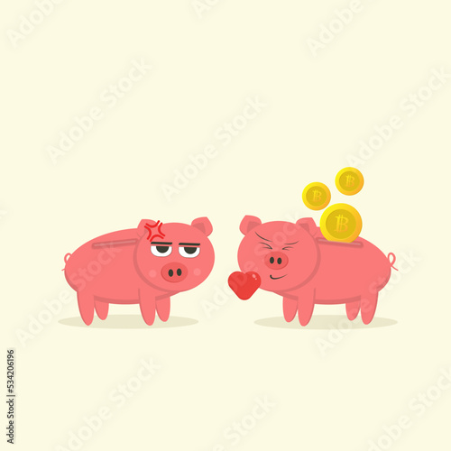 Piggy Bank coin money  bitcoin saving  pig with expression.