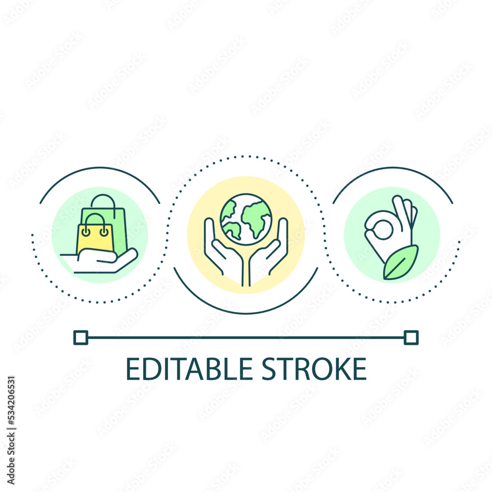 Eco friendly shopping loop concept icon. Sustainable business. Retail. Nature conservation abstract idea thin line illustration. Isolated outline drawing. Editable stroke. Arial font used Eco friendly shopping loop concept icon. Sustainable business. Retail. Nature conservation abstract idea thin line illustration. Isolated outline drawing. Editable stroke. Arial font used