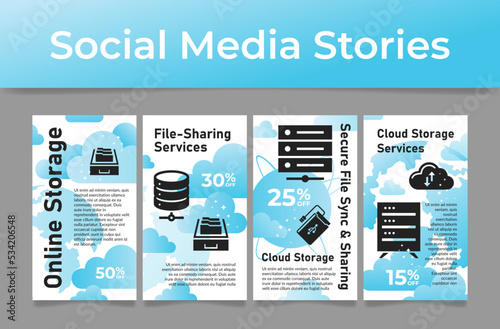 Cloud online storage file sharing service sale social media stories line set vector illustration