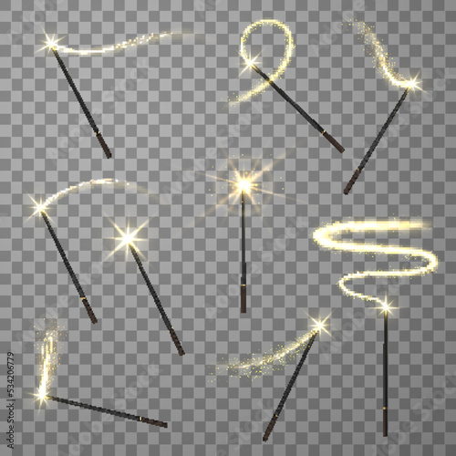 Magic wand fairytale illuminated sparkle stick illusion imagination tool set realistic vector
