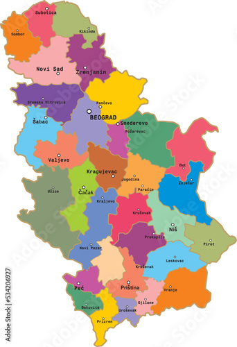 Vector colored administrative map of Serbia. The territory of a European state with large cities  borders of regions.