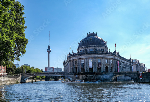 View of TV Tower, Spree River, Bode Museum, Berlin on a sunny summer day.