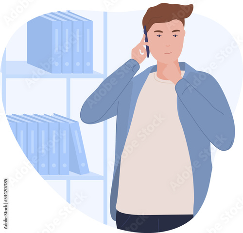 Young man talking smartphone at room with bookshelves isometric vector illustration