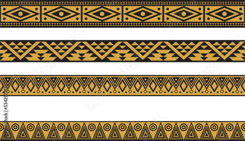 Vector set of gold and black native american ornamental seamless borders. Framework of the peoples of America, Aztecs, Maya, Incas..