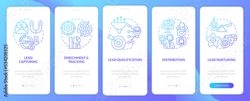 Lead management process blue gradient onboarding mobile app screen. Promotion walkthrough 5 steps graphic instructions with linear concepts. UI, UX, GUI template. Myriad Pro-Bold, Regular fonts used