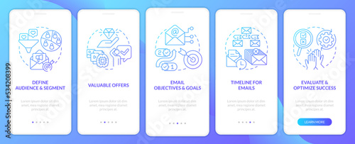 Lead nurturing campaign blue gradient onboarding mobile app screen. Contacts walkthrough 5 steps graphic instructions with linear concepts. UI, UX, GUI template. Myriad Pro-Bold, Regular fonts used