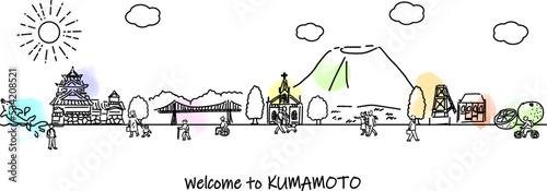 熊本県の観光地の街並みと人々のシンプル手書き線画