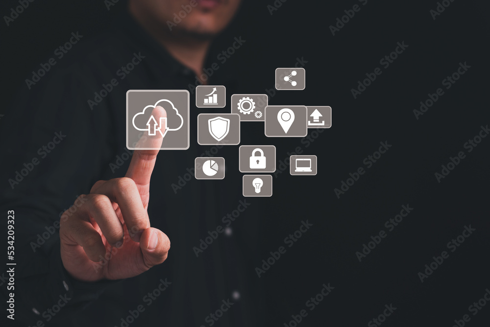 Hand touching infographic cloud computing and technology icons Hand touching infographic cloud computing and technology icons