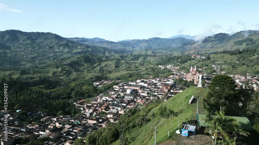 Aerial view of Jerico Colombia town in the department of Antioquia surrounded with andes mountains in a green valley Aerial view of Jerico Colombia town in the department of Antioquia surrounded with andes mountains in a green valley