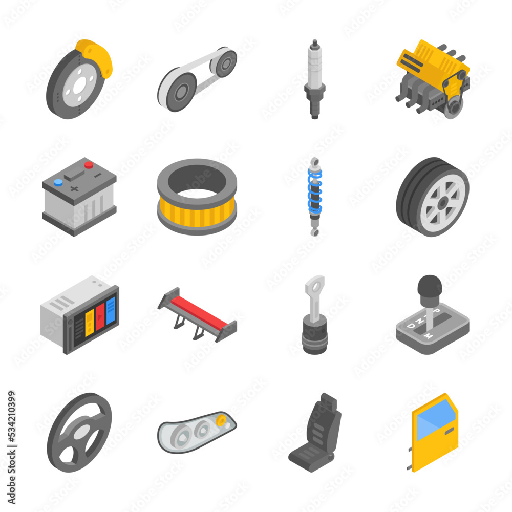 Automotive parts isometric icons set. Car spare parts. Repair. Objects ...