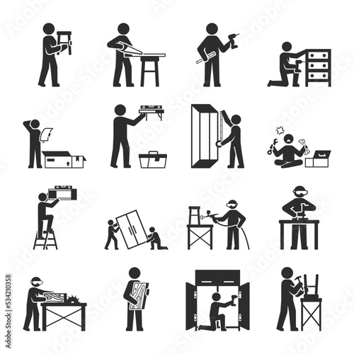 Assembling furniture icons set. Furniture production, installation and assembly. Man with tools. Vector black and white icon, repairer. isolated symbol