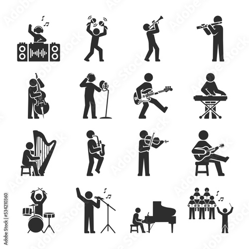 Musicians icons set. Playing a musical instrument. People and different types of musical instruments. Vector black and white icon, isolated symbol