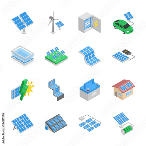 Solar panel isometric icons set. Different photo-voltaic module. Solar power. Objects collection. Vector illustration
