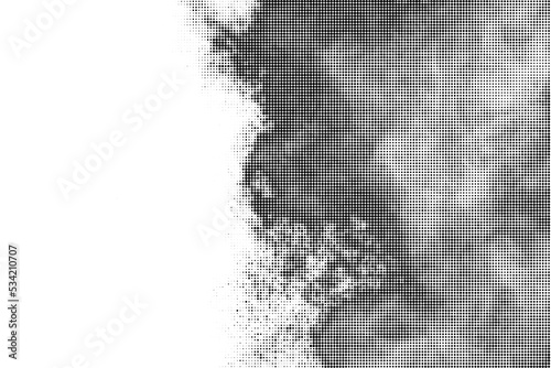 Black Halftone Texture On White Background. Modern Dotted Futuristic Backdrop. Fade Noise Overlay. Digitally Generated Image. Pop Art Style. Vector Illustration, Eps 10.