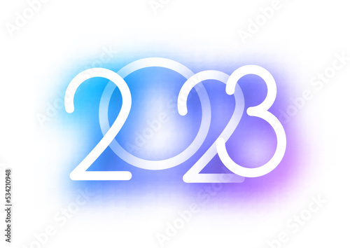 2023 blue and purple neon like sign on white background.