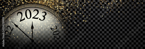 Banner with half-hidden clock showing 2023 with sparkling stars.