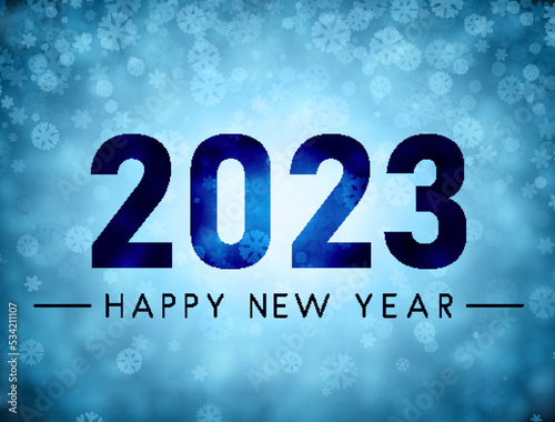 Banner with 2023 happy new year sign on sweaty grass with snowflakes.
