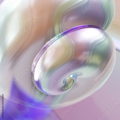 synthetic pearlescent tech holographic iridescent abstract coposition with shell, 3D rendering, golden rule composition