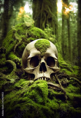 human skull in forest illustration