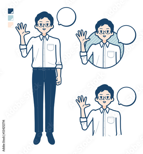 シャツを着た男性が挨拶をしているイラスト