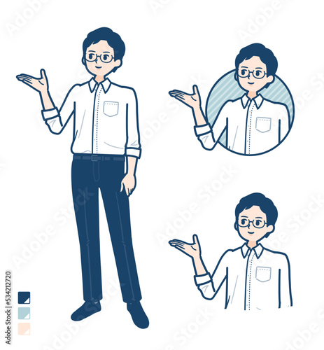 シャツを着た男性が解説しているイラスト