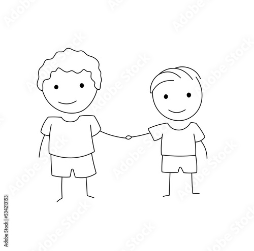 Vector isolated two stick figure kids two boys holding hands colorless black and white contour line easy drawing	