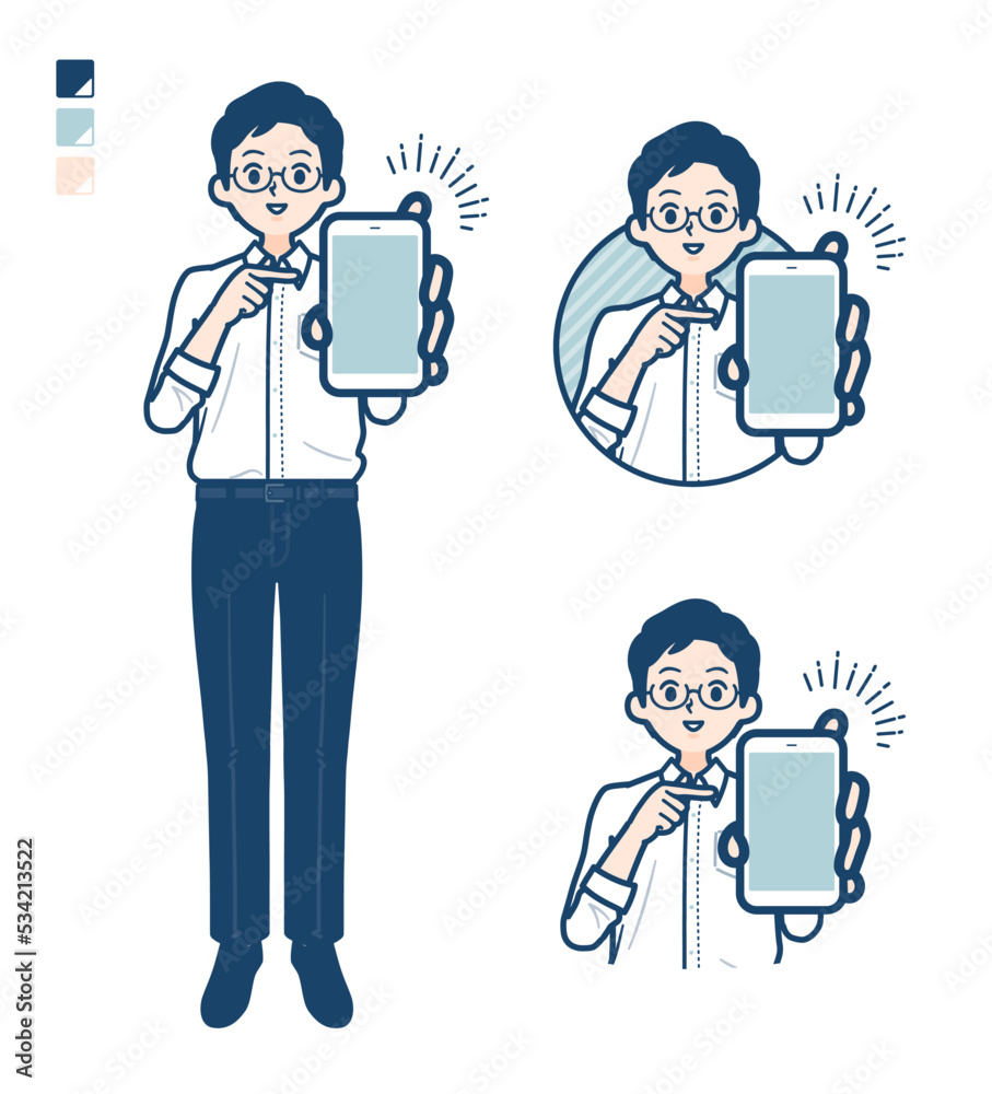 シャツを着た男性がスマートフォンを差し出しているイラスト
