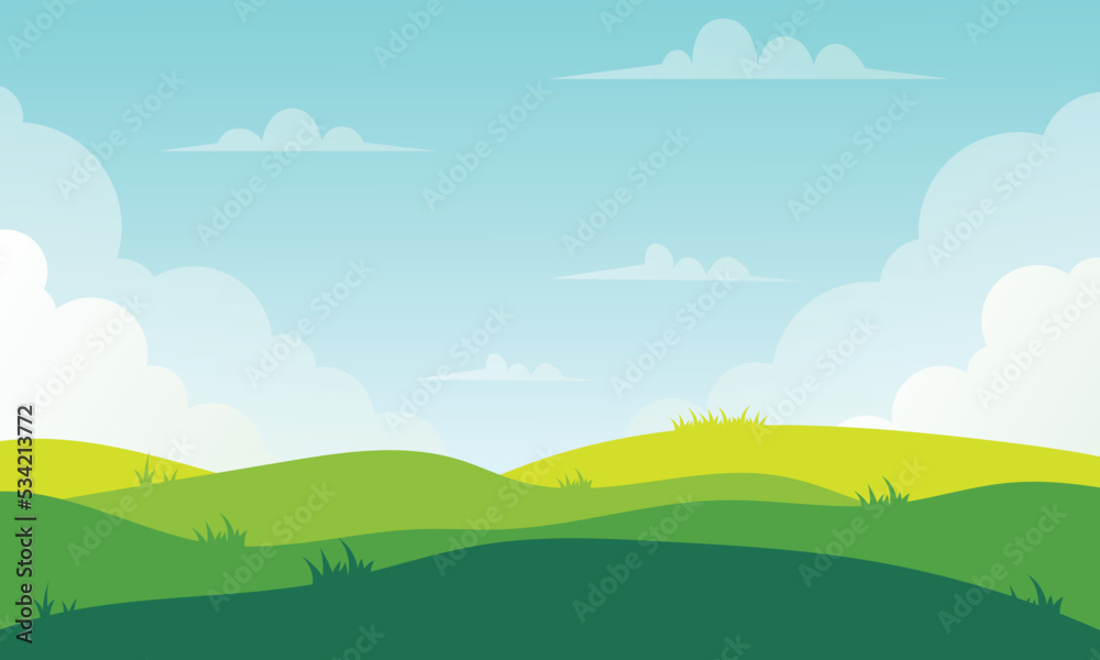 Green meadow with white clouds summer green view landscape background illustration