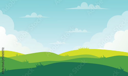 Green meadow with white clouds summer green view landscape background illustration