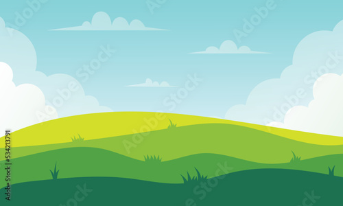 Green meadow with white clouds summer green view landscape background illustration
