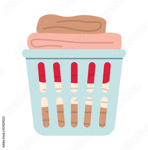 Basket with clean folded clothes. Laundry basket. Pile of clean clothes. Washed laundry. Flat vector illustration isolated on white background.