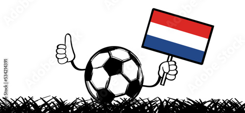 Cartoon soccer ball as stickman, stick figure man with the flag of the Netherlands. Vector holland supporters. For world wk, ek sport finale, sports game cup. Dutch mascot character holding a sign boa