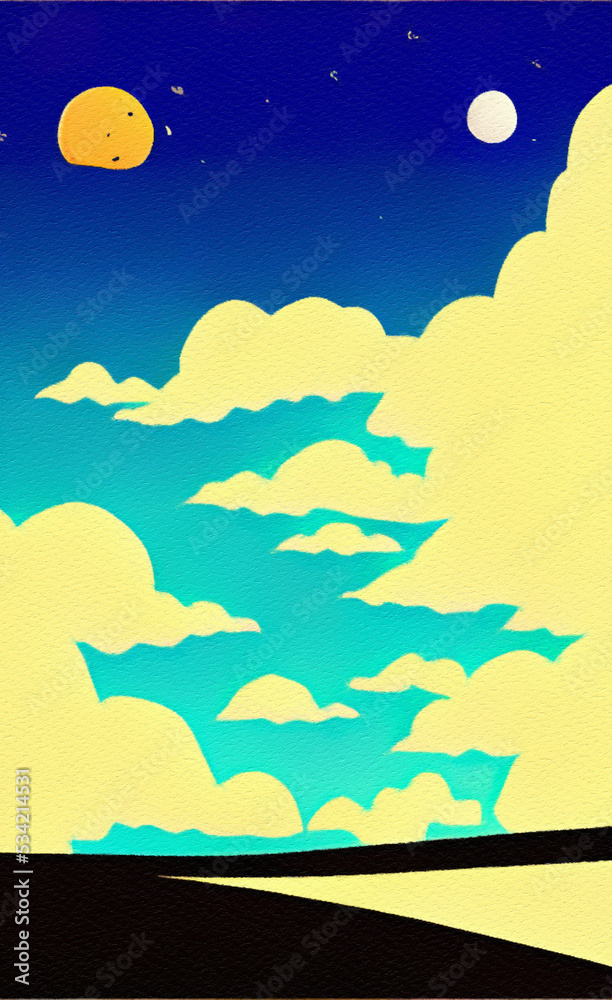 Minimalist drawing flat illustration of landscape, clouds, starry night with moon in the sky and moonlight. Minimalism design digital painting print, creative template background.
